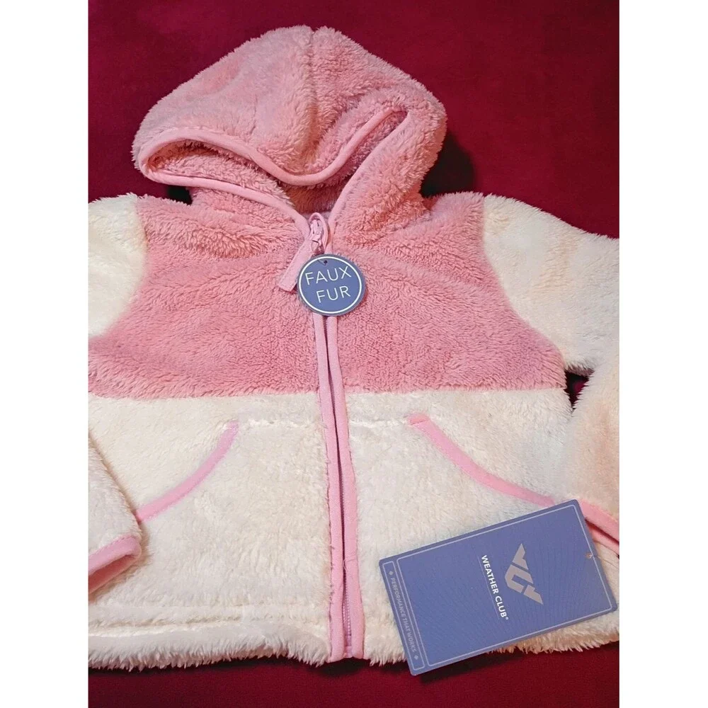 Weather Club Faux Fur Hooded Zip Baby Jacket - Pink & Cream Size 5/6